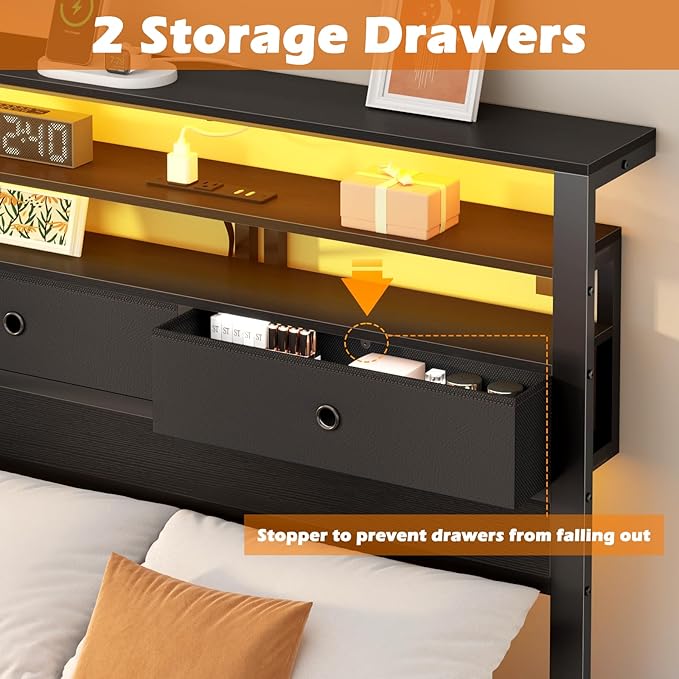 Furnulem Twin Bed Frames with Charging Station and LED Lights, Wood Headboard with 2 Fabric Drawers and Storage Shelves, Twin Size Platform Bed with Metal Slats, No Box Spring Needed, Black Oak