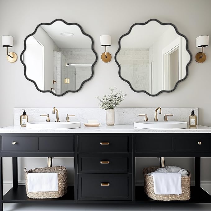 PROHOMEWARE Black Round Mirror 28 Inch Wavy Bathroom Vanity Mirror Gold Frame Modern Wall Mirror Decorative Wall-Mounte Anti-Rust, Tempered Glass