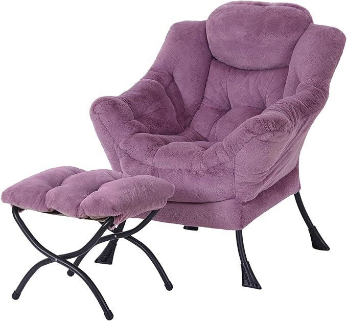 Lazy Chair with Folding Ottoman, Modern Accent Lounge Armchair with Armrests and a Side Pocket & Foldable Footstool, Leisure Reading Chair for Living Room, Bedroom, Dorm & Office, Plush Purpl