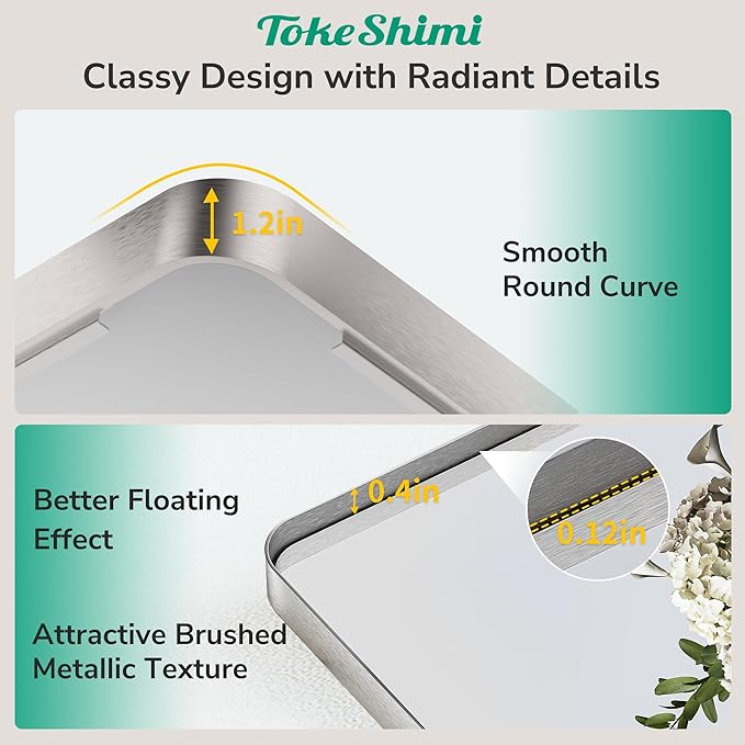 TokeShimi Brushed Nickel Bathroom Mirror,40x30 Large Bathroom Mirror Rectangle,Aluminum Vanity Mirror Bathroom Wall with Tempered Glass,Modern Mirror Framed(Horizontal/Vertical)