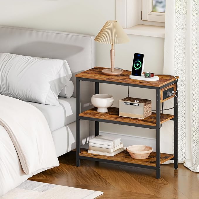 HOOBRO End Table with Charging Station, Simple Rustic Side Table with 3-Tier Storage Shelf, Narrow Nightstand for Small Spaces, for Living Room, Industrial Design, Rustic Brown and Black BF149UBZ01