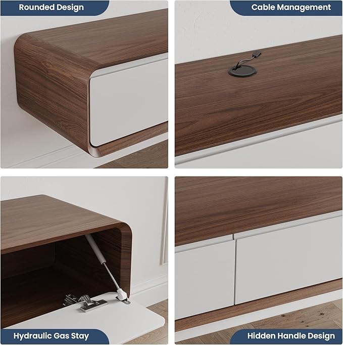 POVISON Fully-Assembled Minimalist Floating TV Stand, Modern Wall-Mounted Entertainment Center with 3 Flip-Down Cabinet Doors, Solid Wood, Walnut Veneer & White, 78"