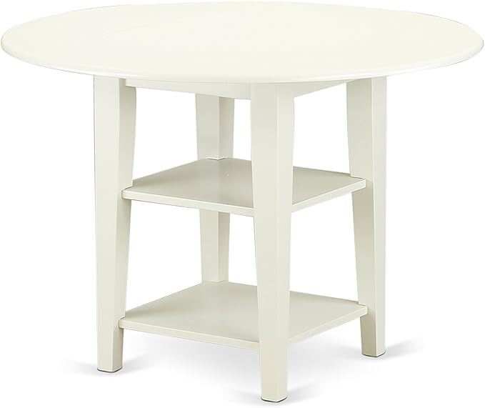 East West Furniture SUDA3-LWH-W 3 Piece Dining Room Table Set Contains a Round Dining Table with Dropleaf & Shelves and 2 Wood Seat Chairs, 42x42 Inch, Linen White