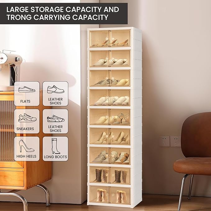 Foldable Shoe Organizer Storage Box, Portable Extra Large Folding Shoe Rack for Closet, Shoe Storage Box with Magnetic Transparent Door and Wheels, 9 Layers 18 Grids.