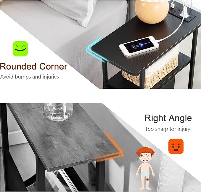 Narrow End Table Living Room with Charging Station, Skinny Side Table with Fabric Drawers, Slim Nightstand for Bedroom, Small Spaces, Couch, Black, HETNDP02BK-1