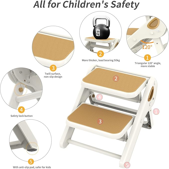 Toddler Step Stool, iNeibo 2-Step Foldable Step Stool for Kids, Widened & Thickened with Anti-Slip Design, Safer for Children Use for Kitchen, Bathroom, Toilet Training - Khaki
