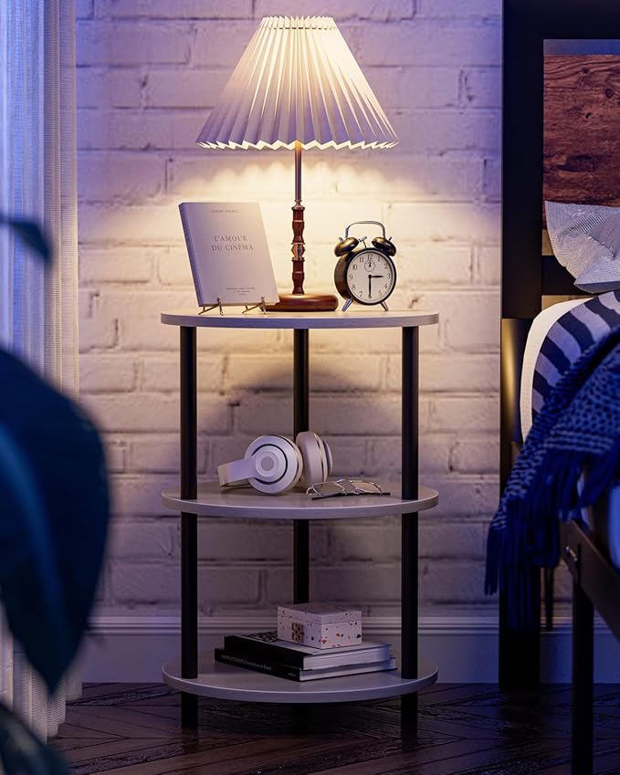 Small Round End Table - 3 Tier Design Accent Table, Narrow Side or Bedside Stand, Industrial Vintage Nightstand for Bedroom, Living Room, or Small Spaces, Set of 2, Greige