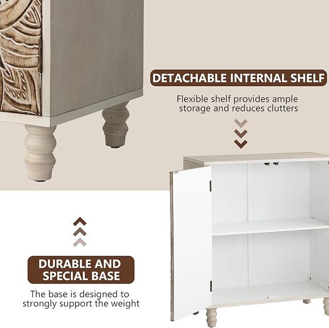 COSIEST 32" W Sideboard Buffet Cabinet with Storage, Accent Cabinet with 2 Push-to-Open Magnetic Doors, Vintage MDF Buffet Table for Living Room, Kitchen, Hallway (Gray,Lotus Pattern)