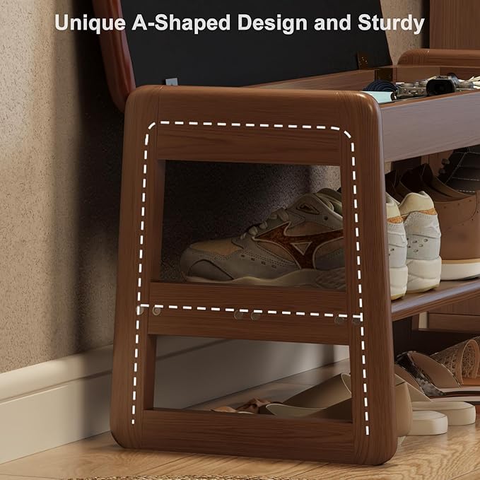 Shoe Rack Bench with Leather Cushion,2 Tiers Shoe Bench with Flip-Top Storage,Wood Shoe Rackh for Entryway,Hallway（Orange,31.5"）