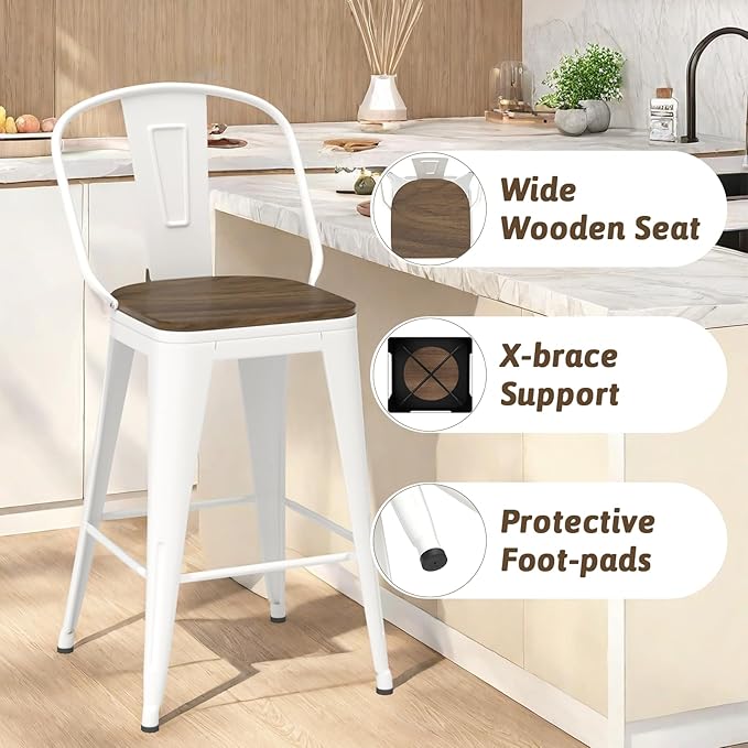 30” Swivel Bar Stools Set of 4, Counter Height Bar Stools Wooden Seat, Metal Industrial Bar Chairs with High Back for Kitchen Island (White)