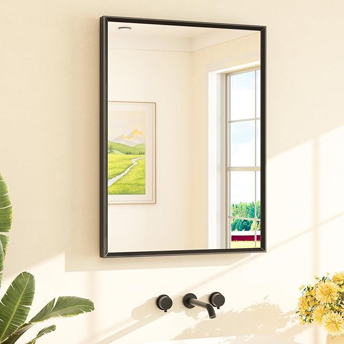 TETOTE Black Mirror for Bathroom Sink 24" x 32" Matte Black Beveled Metal Frame Bathroom Vanity Rectangle Mirror for Wall, Modern Farmhouse, Tempered Glass, Shatterproof, Stronger Frame