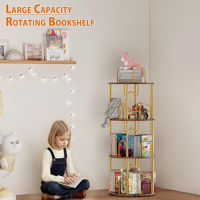 3 Tier Rotating Bookshelf, 360° Spinning Bookshelf Tower, Round Narrow Space Saving for Books and Display, Revolving Bookcase Corner Tall Book Shelf for Small Spaces, Bedroom, Living Room, Gold+Brown