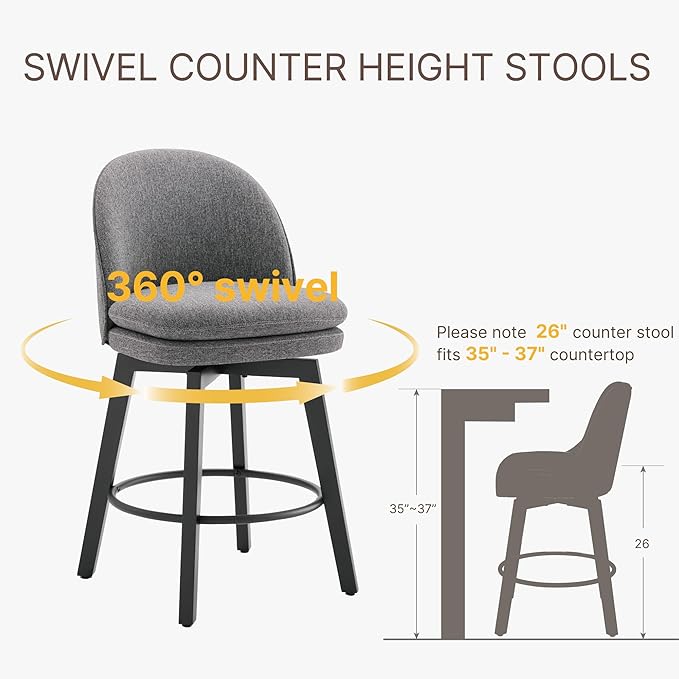 Counter Height Barstools 26 inch Upholstered Swivel Bar Stools with Back and Wood Legs for Kitchen Island,Set of 2,Dark Grey Fabric-Armless