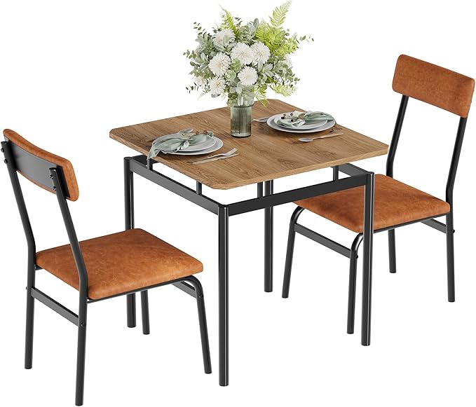IDEALHOUSE 3 Piece Dining Room Table Set, Kitchen Table Set for 2 with Brown Wooden Grain Kitchen Table and 2 PU Upholstered Metal Chairs, Dining Room Set for Small Space,Home Dinner(2 Brown Chairs)