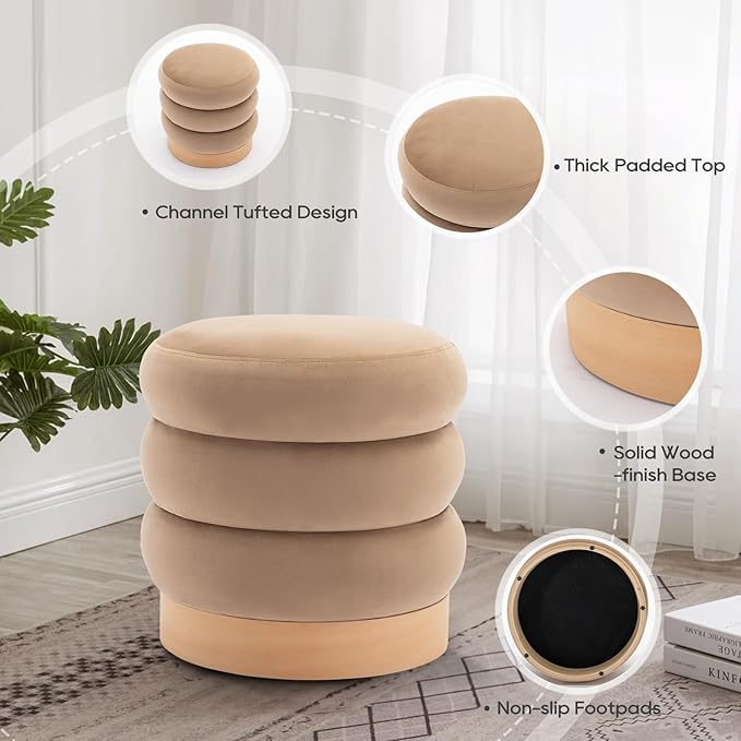 COLAMY Velvet Ottoman Footstool, Tufted Modern Foot Rest Stool with Wood Base for Living Room, Bedroom, Desk, Round Versatile Side End Table, Pouf, Makeup Seat,2pcs,Camel