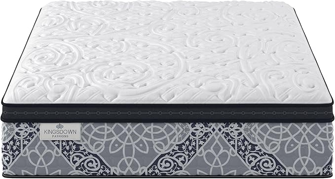 Kingsdown Firm Euro Pillow Top Hybrid Queen Mattress Cooling Gel Memory Foam Layer Multi-Layered Motion Isolation Cool Sleep Quilted Top Luxury Mattresses, 15-inch, Passions Engleson