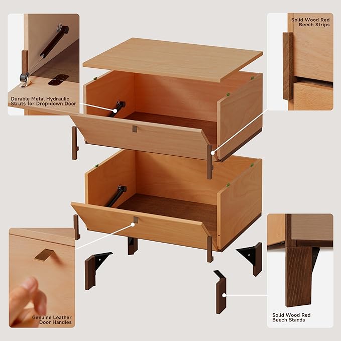 Sebastack Night Stand, Customizable 2 Drawers Bedside Table, End Table, Side Table for Bedroom, Dormitory, Mid-Century Style Wood Chest of Furnitures, Beech Color