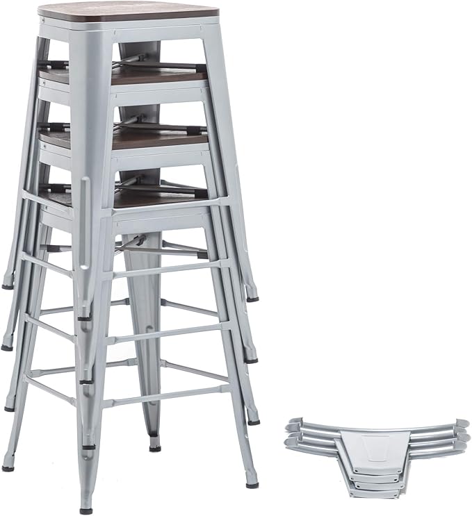 Yongqiang 26 inch Bar Stools Set of 4 Kitchen Counter Height Bar Chairs High Back Silver Metal Barstools with Large Wooden Seat