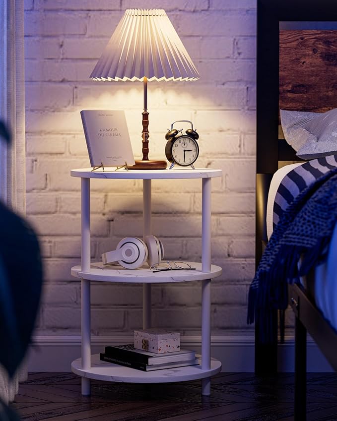 Small Round End Table - 3 Tier Design Accent Table, Narrow Side or Bedside Stand, Industrial Vintage Nightstand for Bedroom, Living Room, or Small Spaces, Set of 2, Marble White