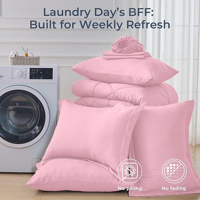 HEVUMYI Pink Full Comforter Set - 7-Piece All Season Bed in a Bag Full, Ultra Soft Bedding Set with Comforter, Flat Sheet, Fitted Sheet, Pillowcases, Pillow Shams, Pink