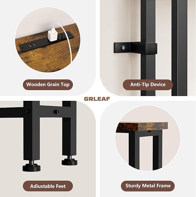 GRLEAF 78" Sofa Table with Built-in Power Strip (4 AC Outlets & 4 USB Ports) – 4.9ft Power Cord, Metal Frame, Easy Assembly, Long Couch Table Behind Sofa, Living Room and Home Office | Rustic Brown