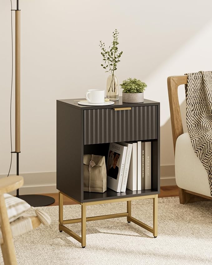 Masupu Fluted Nightstand,Modern Night Stand Wood Bedside Table with Storage Drawer Side End Table for Bedroom,Living Room,Office,Black
