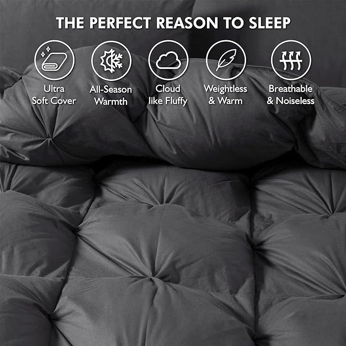 Luxurious All-Season Goose Down Feather Fiber Comforter Queen Size Duvet Insert, Exquisite Pinch Pleat Ruffled Twisted Flower, Premium Baffle Box, 100% Egyptian Cotton Cover, 60 oz. Fill Weight, Gray