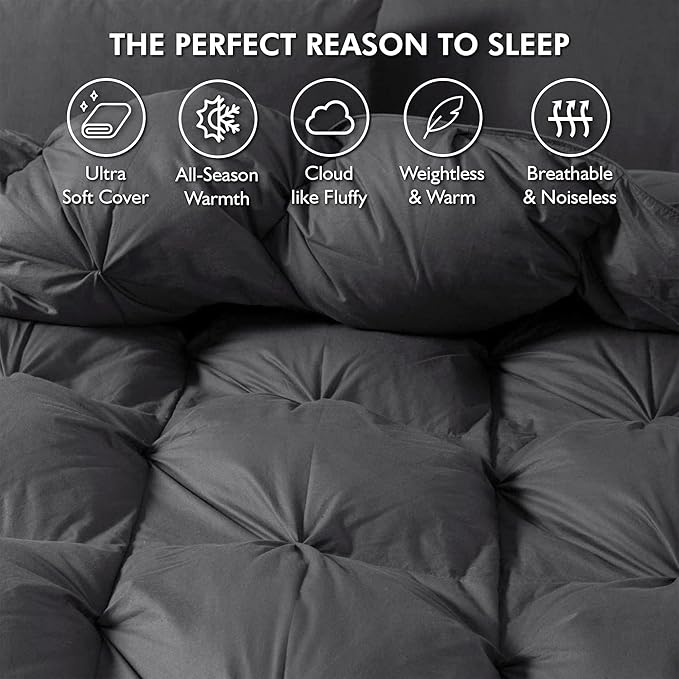 Luxurious All-Season Goose Down Feather Fiber Comforter Oversize Queen Duvet Insert (98x98), Exquisite Pinch Pleat Design- Gray, Premium Baffle Box, 100% Egyptian Cotton Cover, 70 oz. Fill Weight