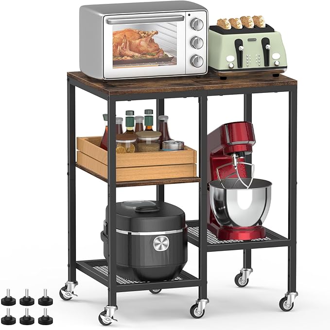 Kitchen Microwave Cart,Microwave Stand with Wheels,Coffee Bar Table Station,4-Tier Rolling Baker's Rack,Small Appliance Storage Shelf,Utility Side Table for Kitchen,Living Room (Rustic Brown)