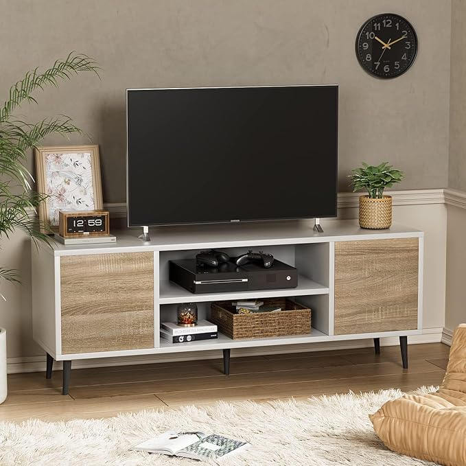 YESHOMY Modern TV Stand for 65" Television, Entertainment Center with Two Storage Cabinets, Retro Style Media Console for Living Room, Bedroom, Office, 58 Inch, Light Brown