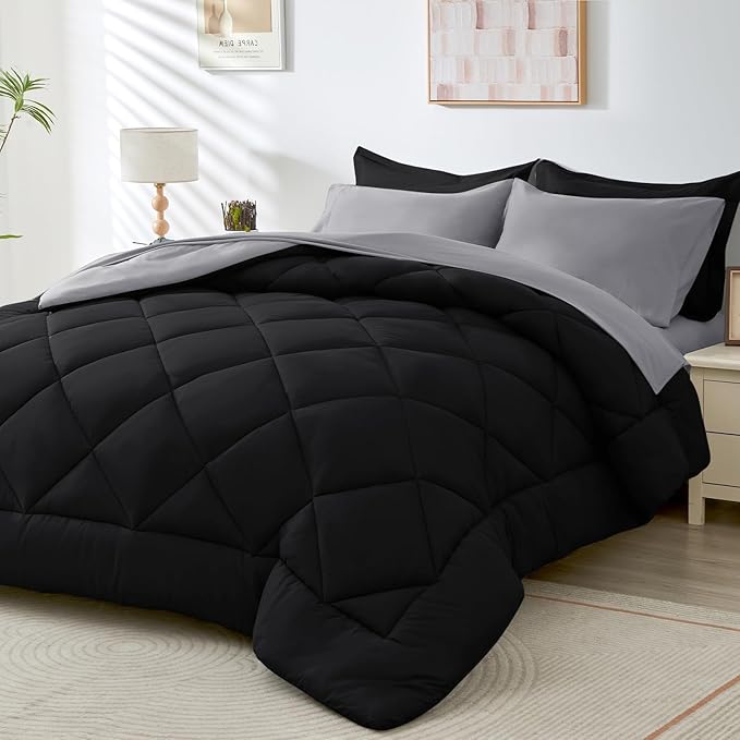 HEVUMYI Full Comforter Set - 7-Piece All Season Bed in a Bag Full, Ultra Soft Bedding Set with Comforter, Flat Sheet, Fitted Sheet, Pillowcases, Pillow Shams, Black & Light Grey