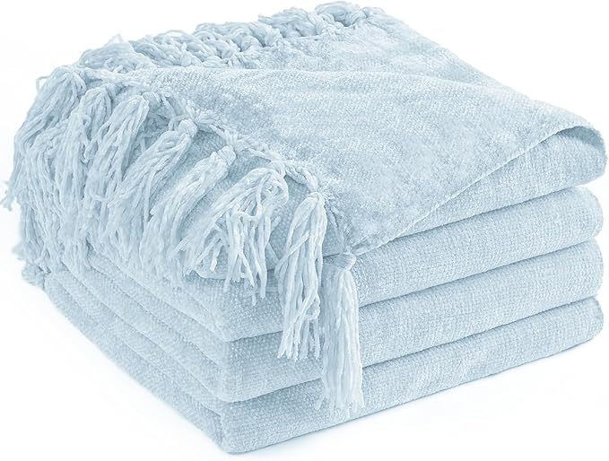 Chenille Throw Blanket for Couch 50"X 60", Soft Cozy Throws with Fringe Tassel for Bed Sofa Chair Cover, Lightweight Knitted Decorative Boho Blankets for Living Room, Light Blue