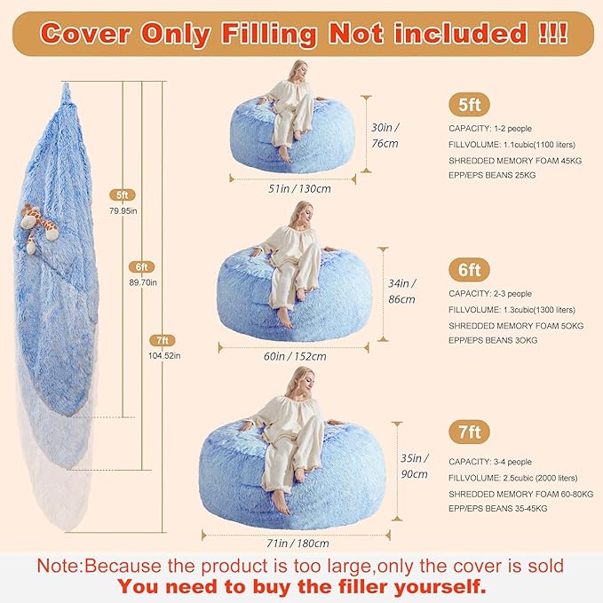 Bean Bag Covers Only, Fluffy Stuffed Beanbag Chair Covers No Filler, Washable Bean Bags Cover for Adults, Stuffed Animal Bean Bag Anti-Slip, 5FT, Blue
