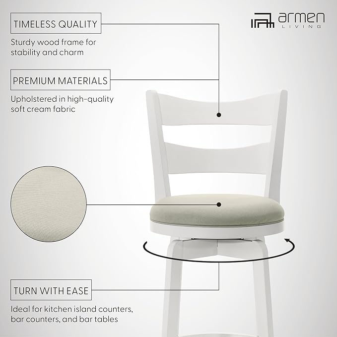 Armen Living Blair 26 in. Matte White Counter Height Rubberwood Swivel Barstool with Fog Fabric Seat