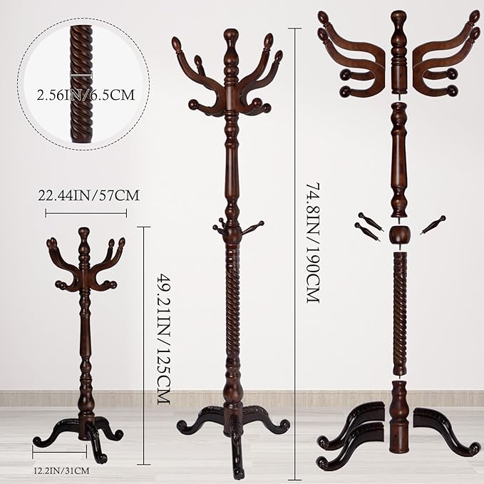 Coat Rack Stand, Solid Wooden Coat Tree with 11 Hooks, Heavy Duty Coat Rack Freestanding with Sturdy Round Base, Natural Birch Wood Coat Hanger Stand for Entryway Bedroom (triangles)
