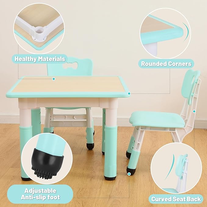 FUNLIO Kids Table and 2 Chairs Set, Height Adjustable Toddler Table and Chair Set for Ages 3-8, Easy to Wipe Arts & Crafts Table, for Classrooms/Daycares/Homes, CPC & CE Approved (3pcs Set) - Green