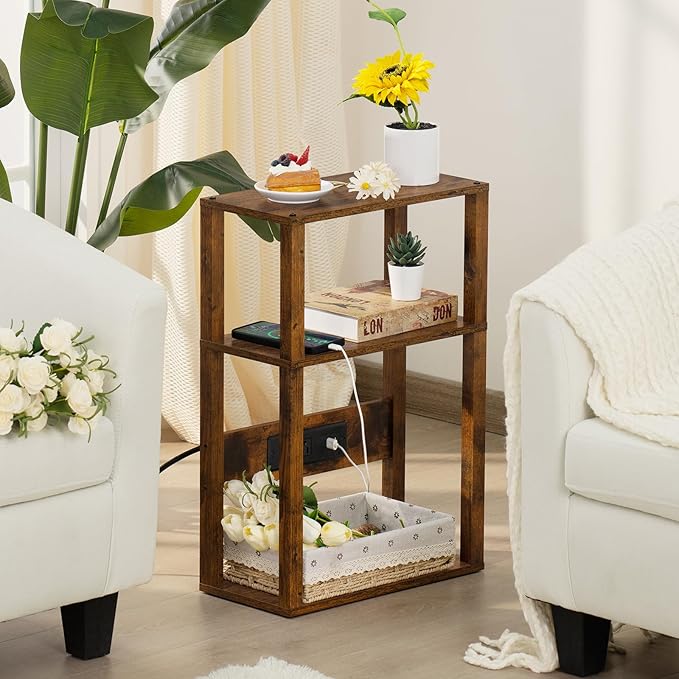 3-Tier Small Narrow Wood Side Table Set of 2 with Charging Station - Skinny Nightstand for Small Spaces, Slim Bedside Table with USB Ports and Outlets - Thin End Table with Storage, Brown