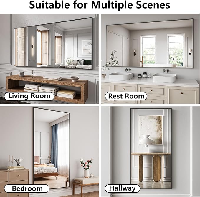 Bathroom Mirror 36x71 Black Bathroom Wall-Mounted Mirrors, Modern Vanity Mirror for Bedroom, Living Room, Aluminum Alloy Frame Allow to Hang Horizontally or Vertically