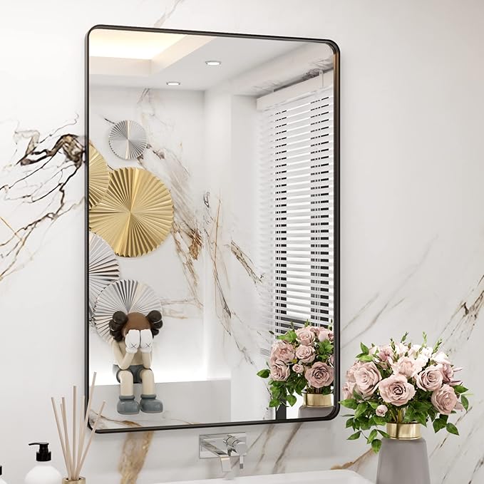 WEER Black Framed Bathroom Mirror, 24X36 Inch Rounded Rectangle Black Bathroom Mirror, Matte Black Bathroom Vanity Mirror for Wall, Anti-Rust, Tempered Glass, Hangs Horizontally or Vertically