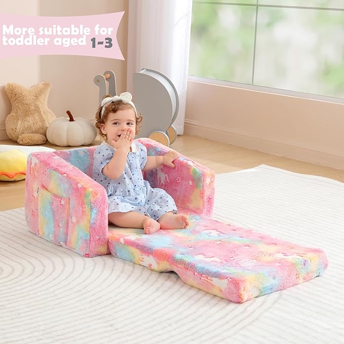 Toddler Couch Fold Out, Foldable Toddler Chair with Blanket, Kids Couch for Girls & Boys, Flip Out Kids Sofa, Convertible Sofa to Lounger for Children Age 1-3 (Glow Pink)