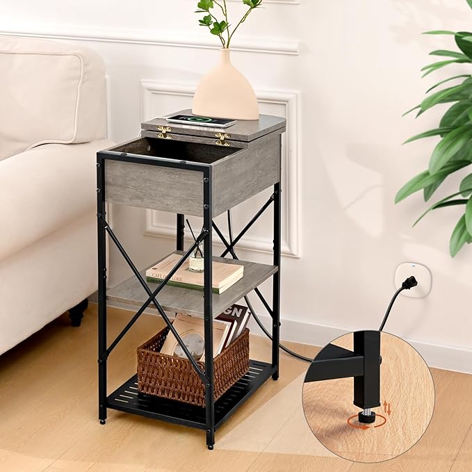 Narrow Side Table with Charging Station, End Tables Set of 2 for Small Spaces, Flip Top End Table with Storage, End Tables Living Room, Nightstand Set 2 with Drawer for Bedroom, Grey