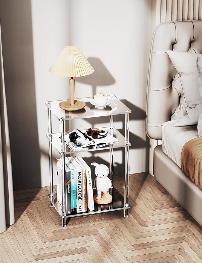 Acrylic Side Table Clear 3-Tier End Table for Living Room, Office, Hallway, Bedroom Small Bedside Table (8mm Thick Shelves)