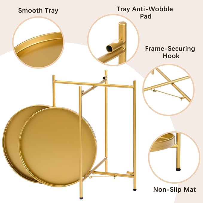 2-Tier Round End Side Table, Small Metal Side Table with Removable Tray, Folding Accent Tables for Living Room, Balcony, Nightstand for Bedroom, Outdoor Tables for Patio, Gold