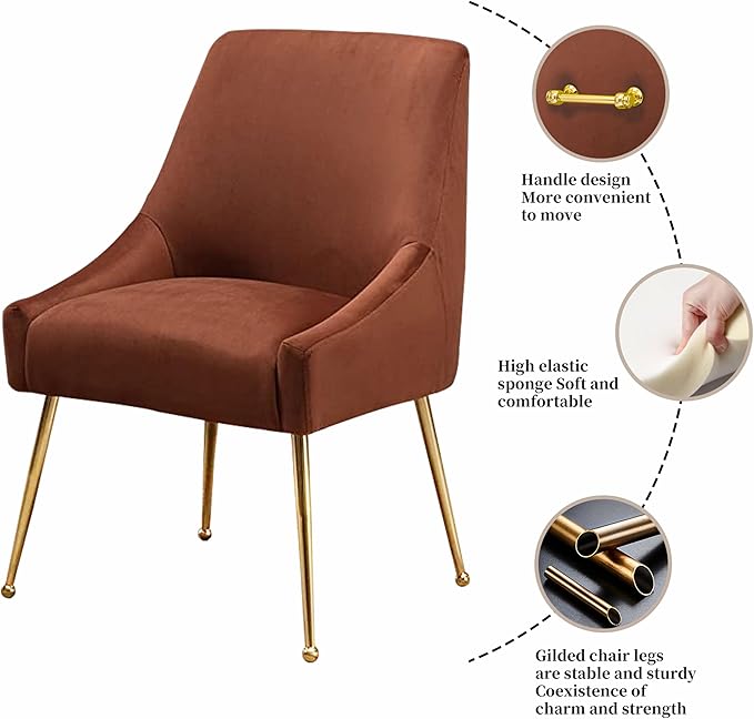 Modern Velvet Dining Chairs Set of 6, Contemporary Upholstered Furniture Collection with Polished Gold Metal Legs, Elegant Accent Chairs for Kitchen Living Room(Brown)