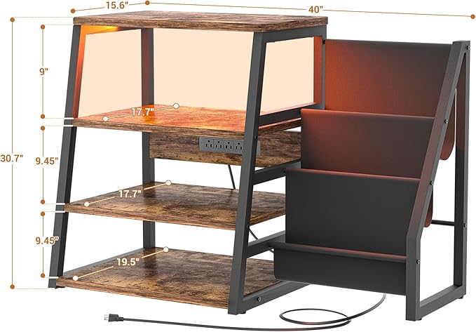 AV Media Stand with Outlets, Stereo Stands and Racks with Vinyl Storage, Stereo Stand with Record Storage, Audio Stereo Rack Cabinet, Turntable Console Stand with LED lights, 4 Tiers, Rustic Brown