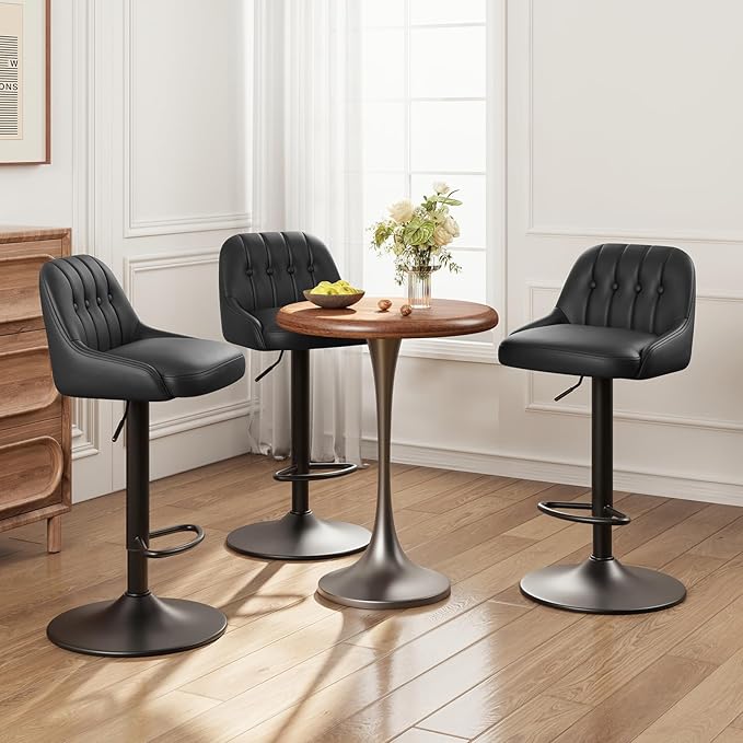 Bar Stools Set of 3, Swivel Bar Chairs, Modern Adjustable PU Leather Upholstered Barstools Counter Height with Tufted Back for Bar, Kitchen Counter Island, Dining Room, Black