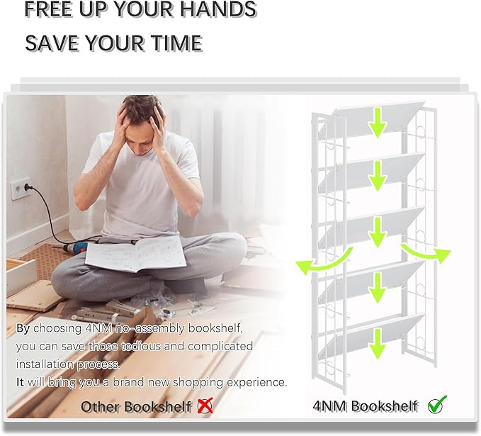4NM No Assembly 5 Tiers Folding Bookshelf, 59.4" H Foldable Storage Shelves Vintage Bookcase Standing Racks Study Organizer Home Office - All White