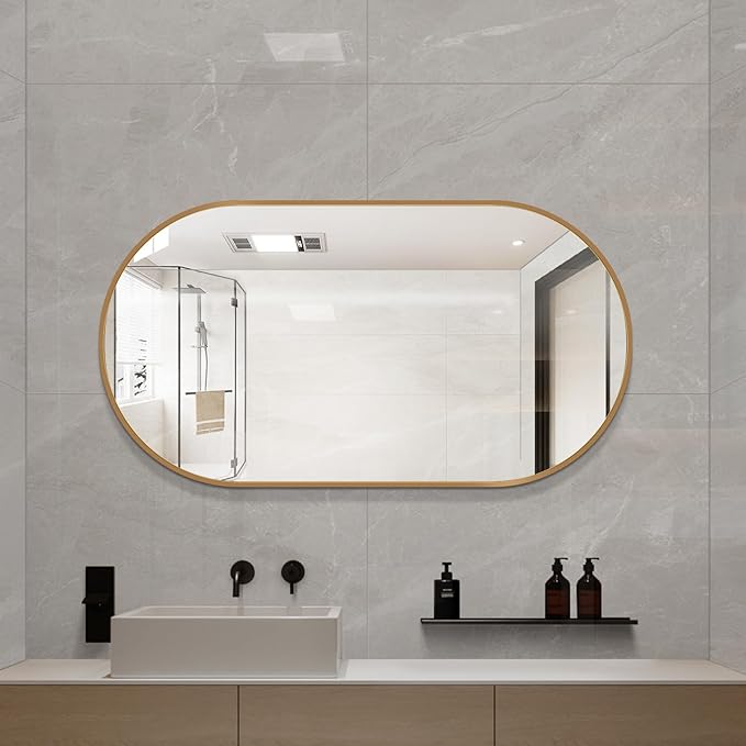 LAIYA 48x30inch Oval Wall Bathroom Mirror with Golden Aluminum Frame,Wall Mounted Oval Vanity Mirrors， Explosion-Proof Glass, Waterproof Design, Easy Installation，Horizontally/Vertically