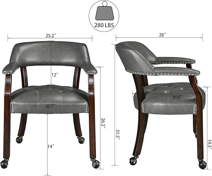 LEEMTORIG Dining Chairs with Casters and Arms, Rolling Dining Chairs with Wheels, Game Poker Table Chairs, Solid Wood Boss Caption's Chairs Office Desk Chairs, Espresso Legs & Dark Grey, XXY-1910-DG