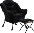 Lazy Chair with Folding Ottoman, Accent Chair Plush Upholstered with Metal Structure and Non-Slip Pads, Sofa Armchair with Footrest and Side Storage Bag for Dorm, Room, Office, Black